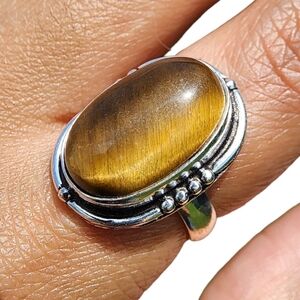 Natural Tiger Eye Ring S925 Sterling Silver Vintage Boho SIZE 5.25 Energy Stone